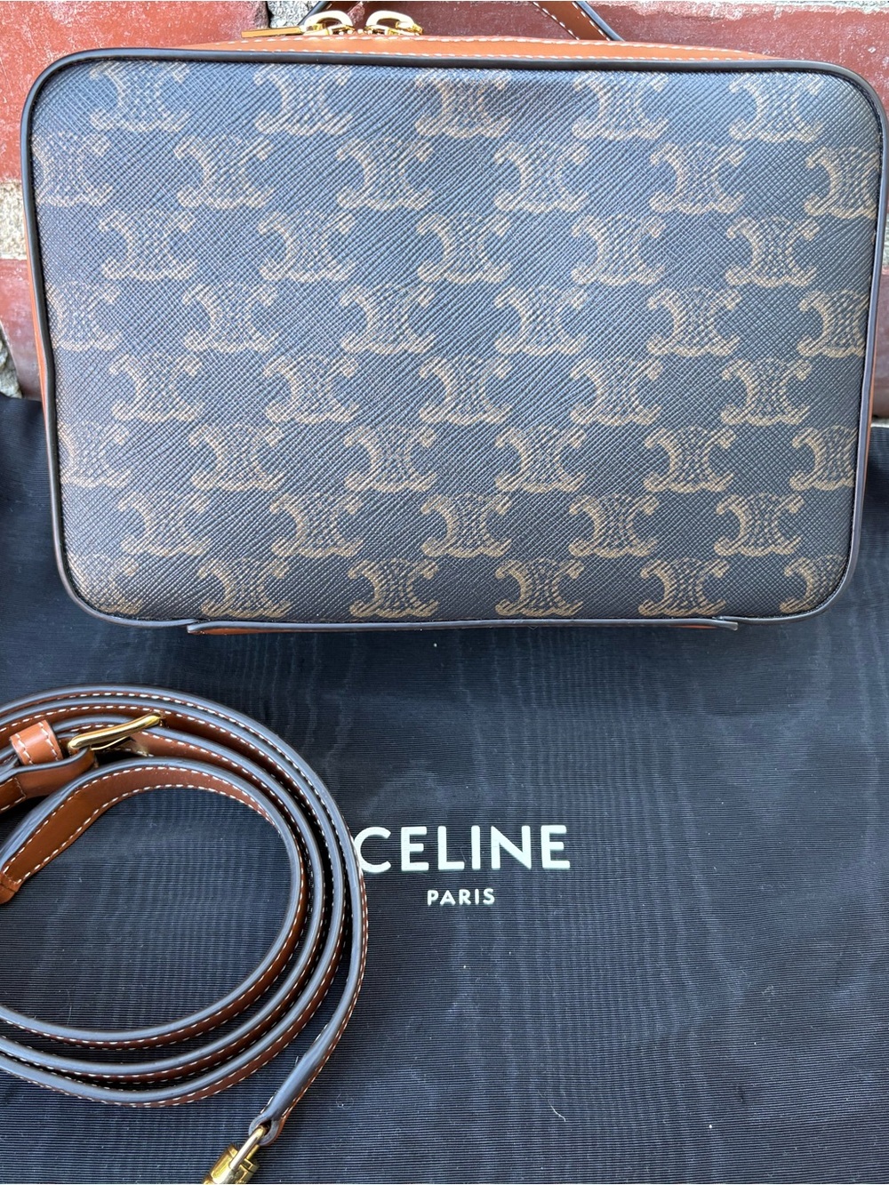 Celine Triomphe Canvas Top Handle Messenger Box Tan